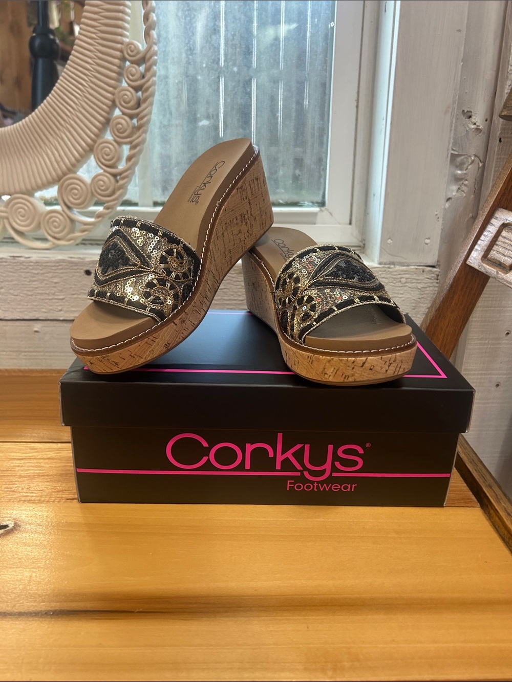 Corkys Black & Gold Sequin Cork Wedge Slide Sandals